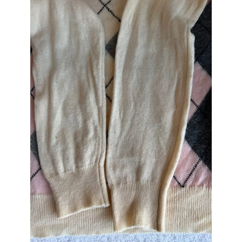 James Pringle Sweater unisex pink cream gray Argyle lux soft Wool Scotland Sz-M